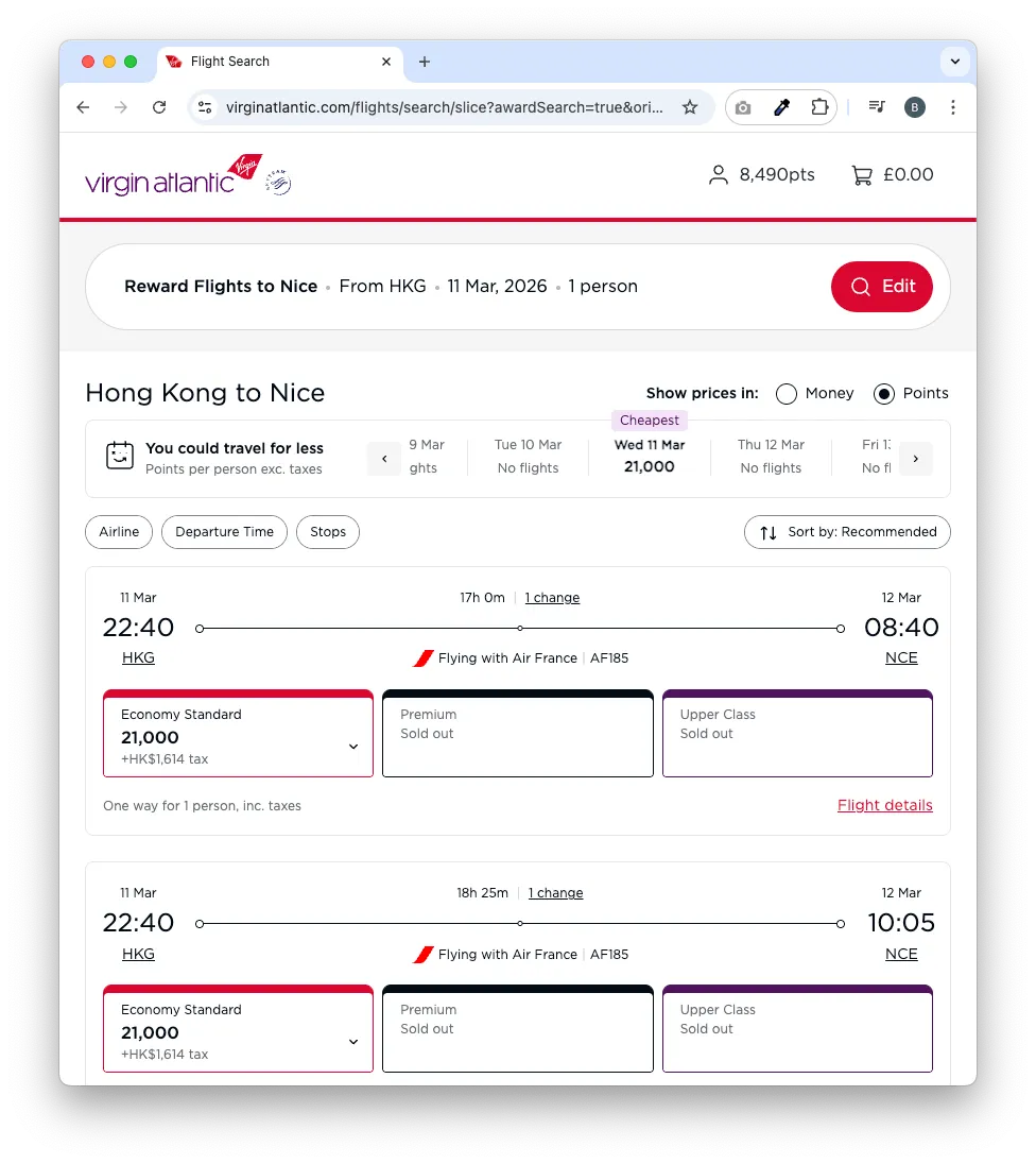HKG-CDG-NCE 的單程經濟艙只需 21,000 里 + HK$1,614 稅金就能換到。
