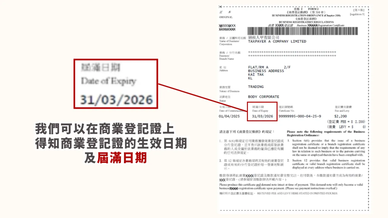 我們可以在商業登記證上得知 BR 會在何時過期。