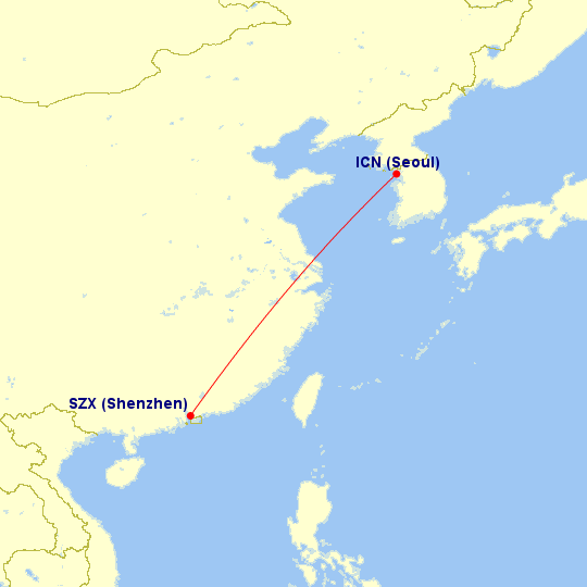 中國南方航空在深圳就只有營運一條飛往南韓的航線。