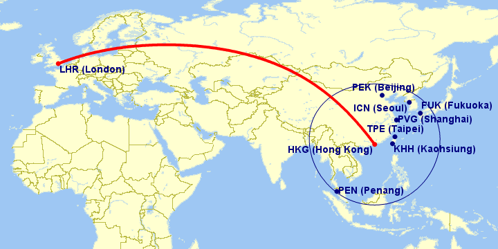 藍色圈內的航點都是距離香港少於 1,506mi 的航點。