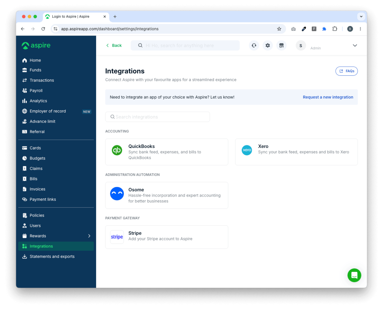 除了可以連接 Xero、QuickBooks 等系統外,Aspire 亦可以 Zoho Books 等其他會計系統的格式滙出交易紀錄,方便我們一下子就將紀錄滙入常用的系統裡。