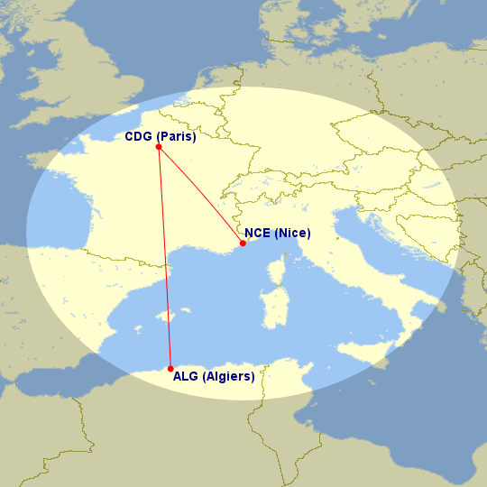 尼斯-巴黎(NCE-CDG)的大圓飛行距離為 431mi,巴黎-阿爾及爾(CDG-ALG)的大圓飛行距離為 851mi。