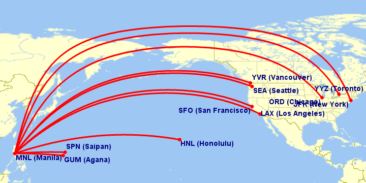 截至 2026 年 6 月中,菲律賓航空的美國/加拿大航點。