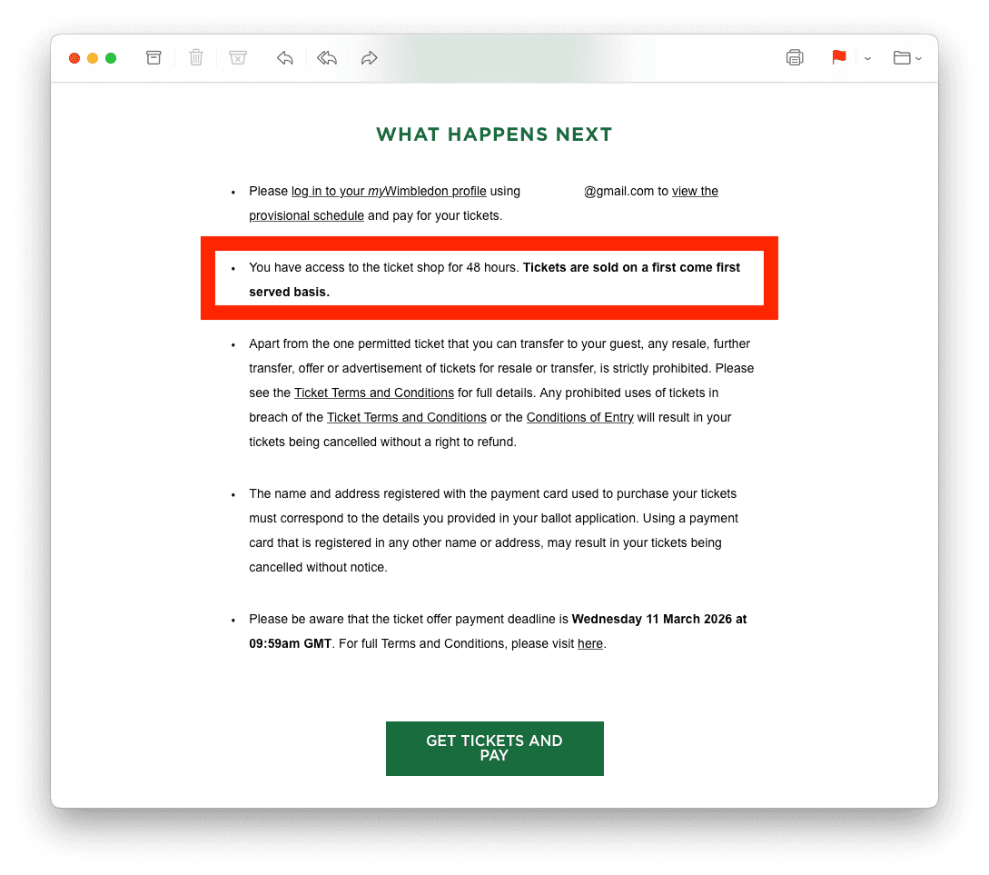 而 AMEX Ticket Draw 也是我 2026 年抽中的籤,而我買了兩張 £100 中央球場的門票。