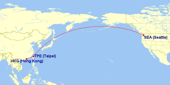 Flight route map from Hong Kong via Taipei to Seattle