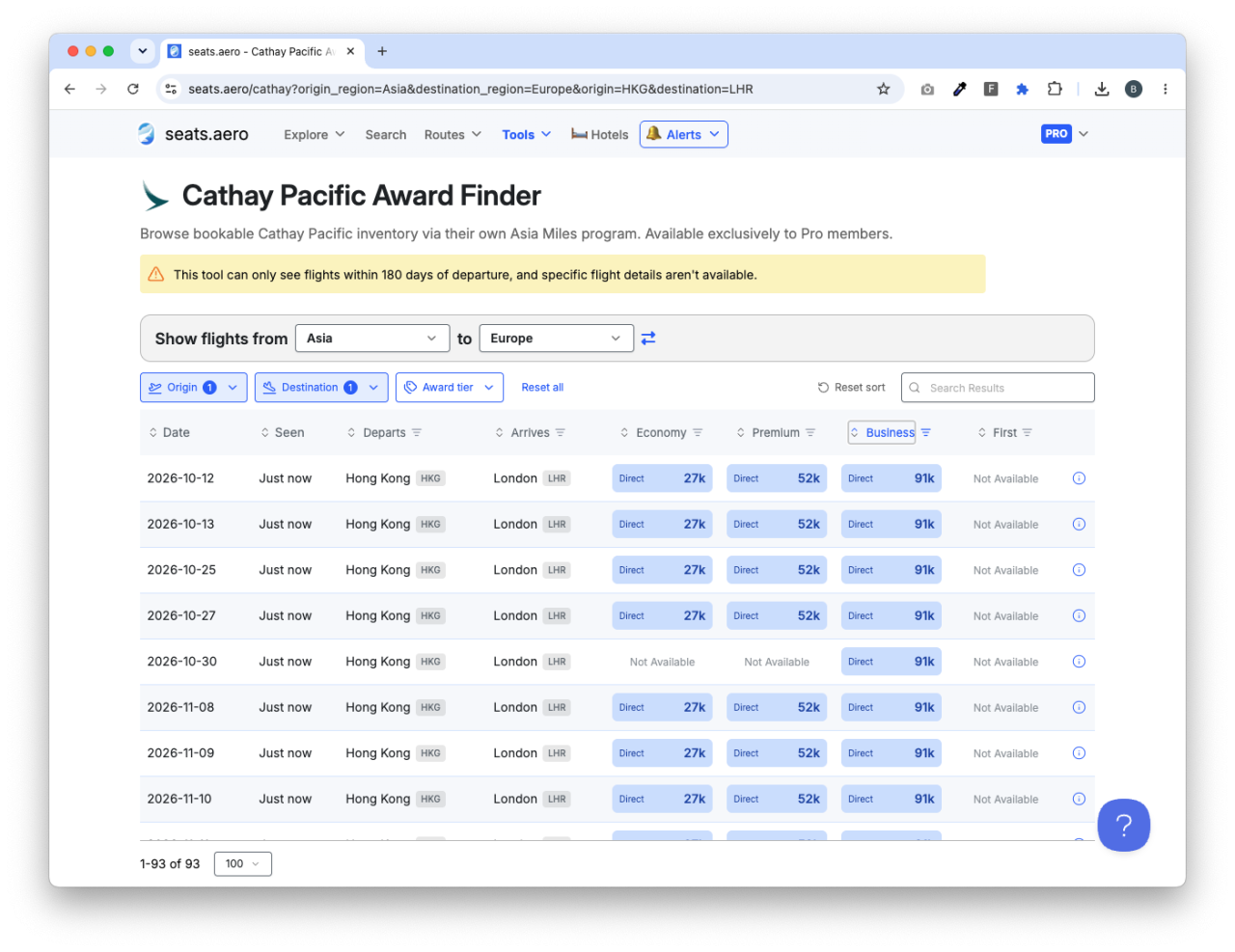 在 Cathay Pacific Award Finder 中將出發地篩選為香港(HKG)、目的地篩選為倫敦(LHR)後,系統列出 93 個結果,10 月至 11 月多個日期(如 10/12、10/13、10/25、10/27、10/30、11/8 至 11/10)均顯示直飛(Direct)經濟艙 27k 里數、優待經濟艙 52k 里數、商務艙 91k 里數的固定放位。
