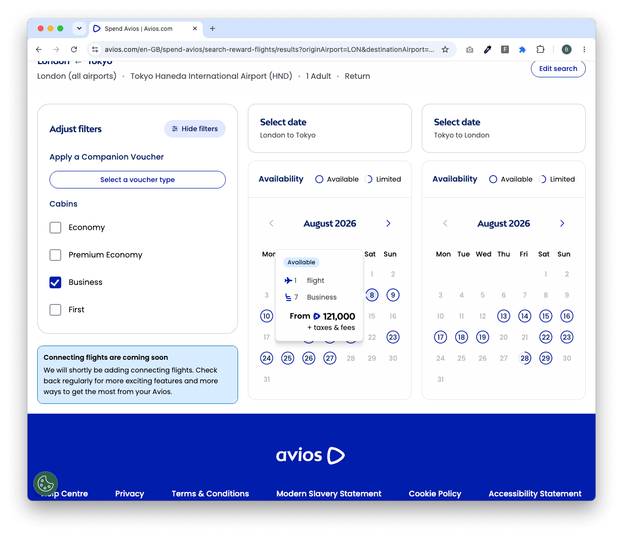 Find Reward Flights 的「Cabins」篩選只勾選 Business,倫敦飛東京羽田的日曆彈出視窗顯示 8 月 8 日商務艙由 121,000 Avios 起,只有 1 個座位。